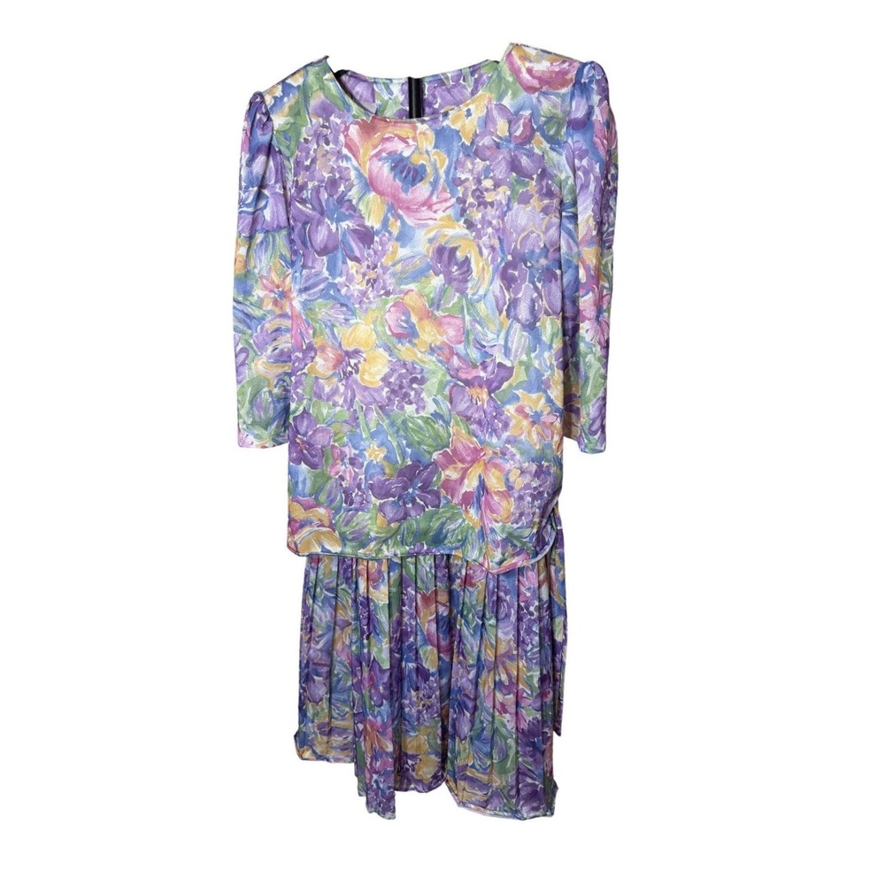 California Looks Vintage Floral Pleated Midi Dress Purple Blue Size 12 Made USA
